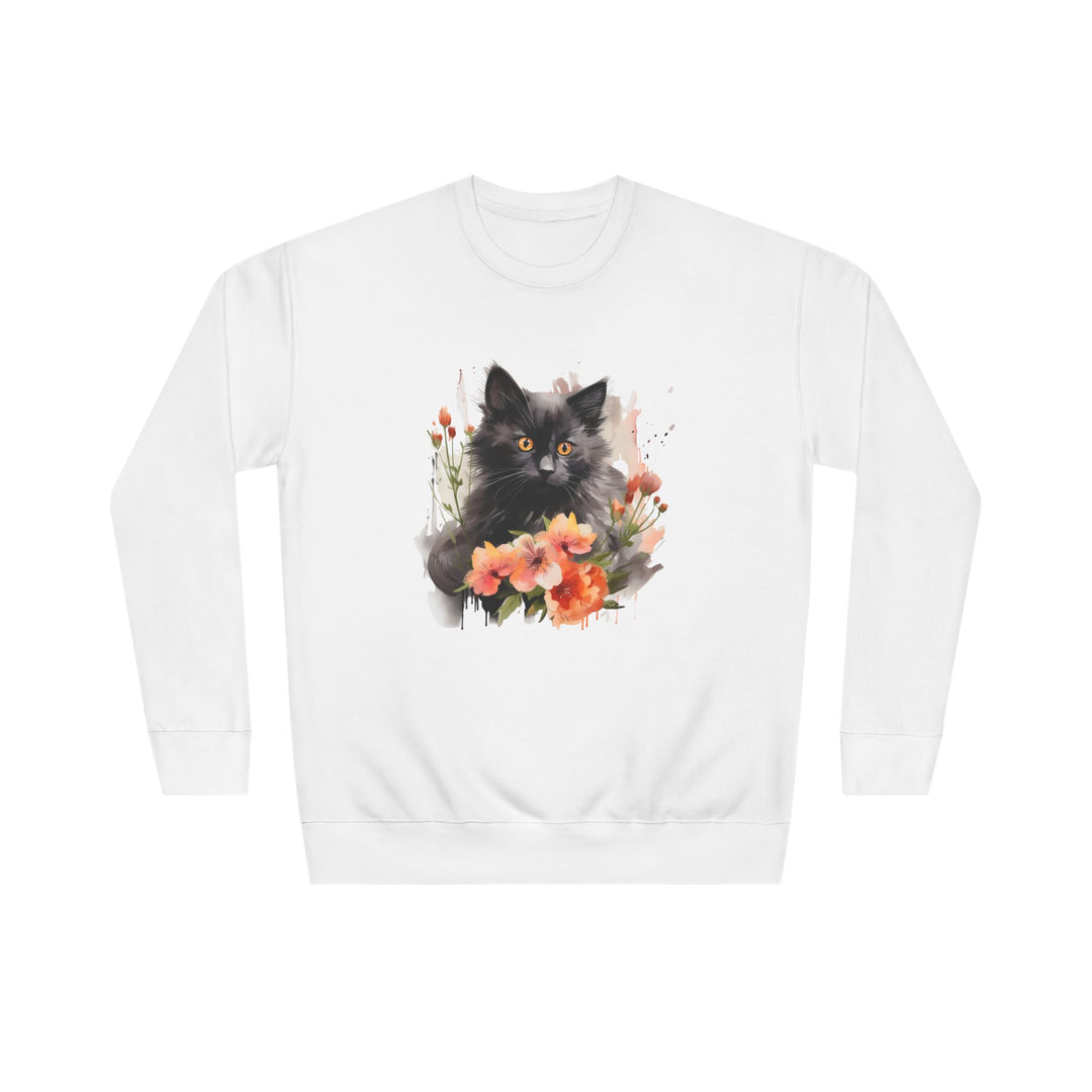 Black Cat and Blossoming Flowers Soft Cotton Sweatshirt