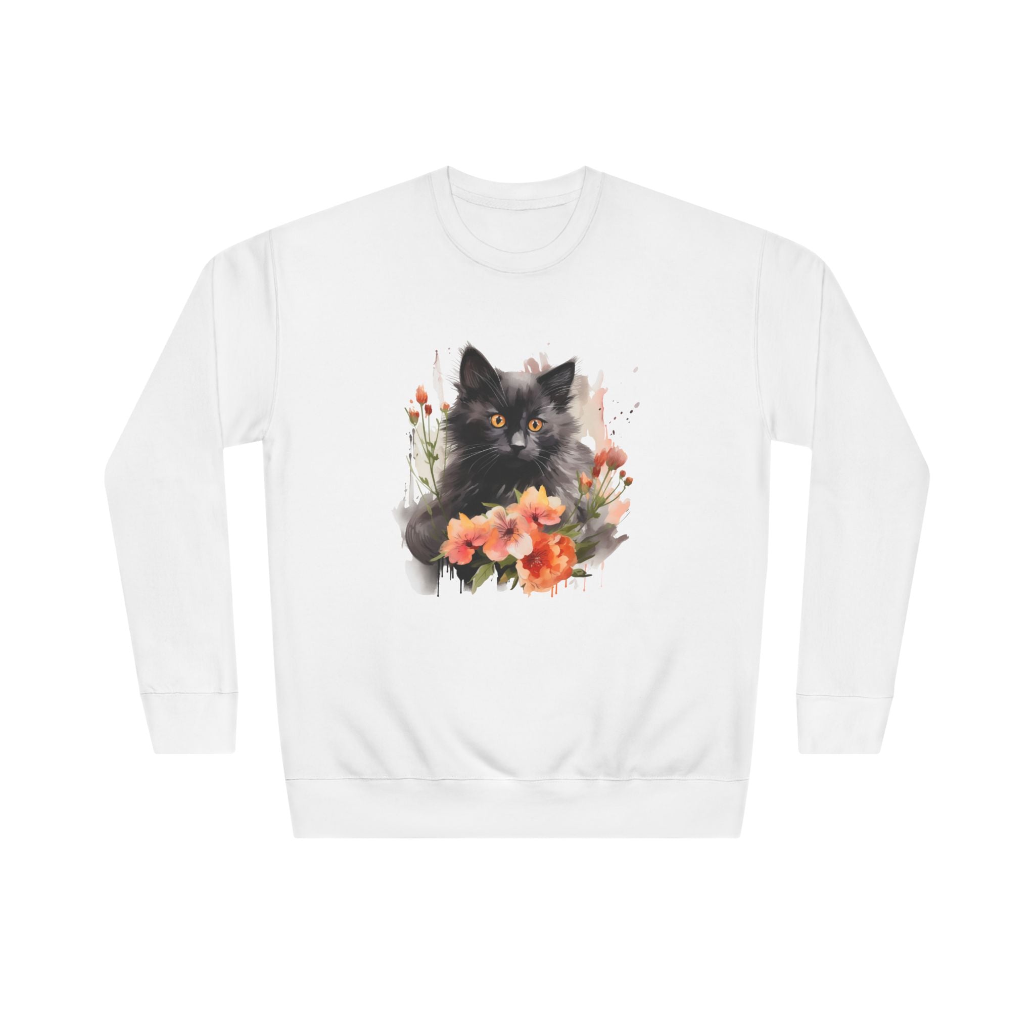 Black Cat and Blossoming Flowers Soft Cotton Sweatshirt