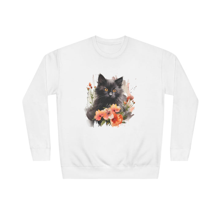 Black Cat and Blossoming Flowers Soft Cotton Sweatshirt