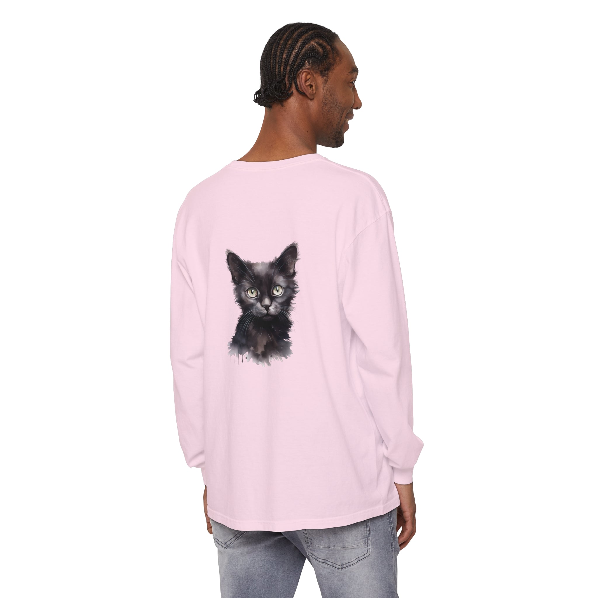 Black Cat Watercolor Long Sleeve T-Shirt featuring a vibrant feline design