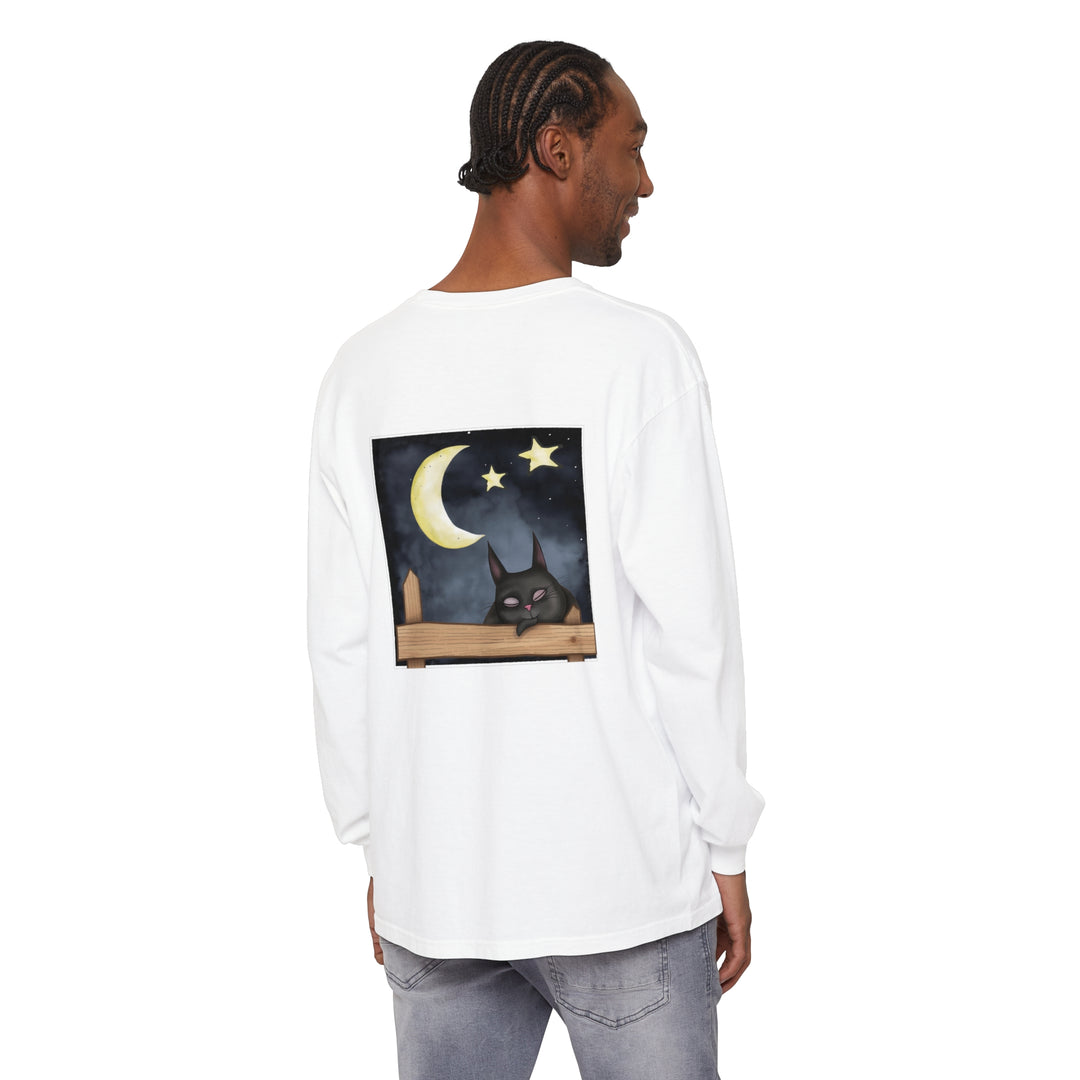 A cozy black t-shirt with a cute sleepy cat gazing at the starry night sky design