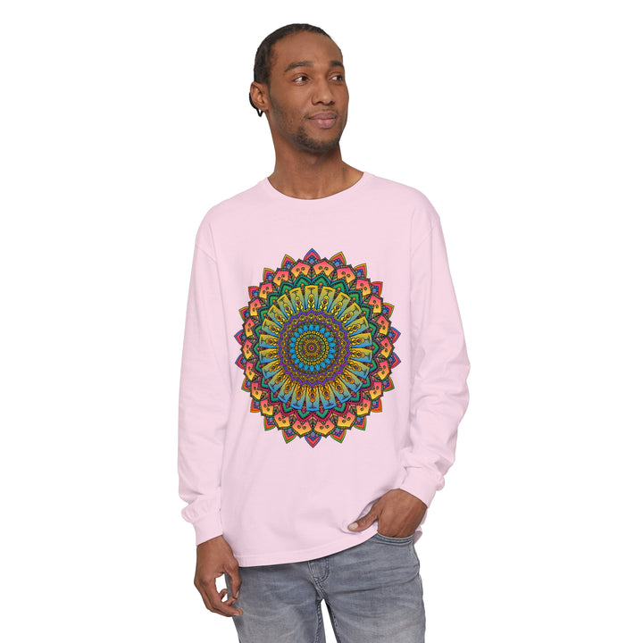 A close-up image of a vibrant and intricate mandala design on a unisex long sleeve t-shirt