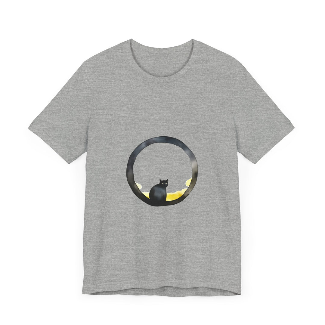 Black Cat Moon Tee - Whimsical Style: A cute black cat sitting on a crescent moon against a starry night background on a black t-shirt