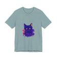 Black Cat Mystery - Abstract Art T-Shirt: A unique, bold graphic tee featuring a mysterious black cat design on a black background