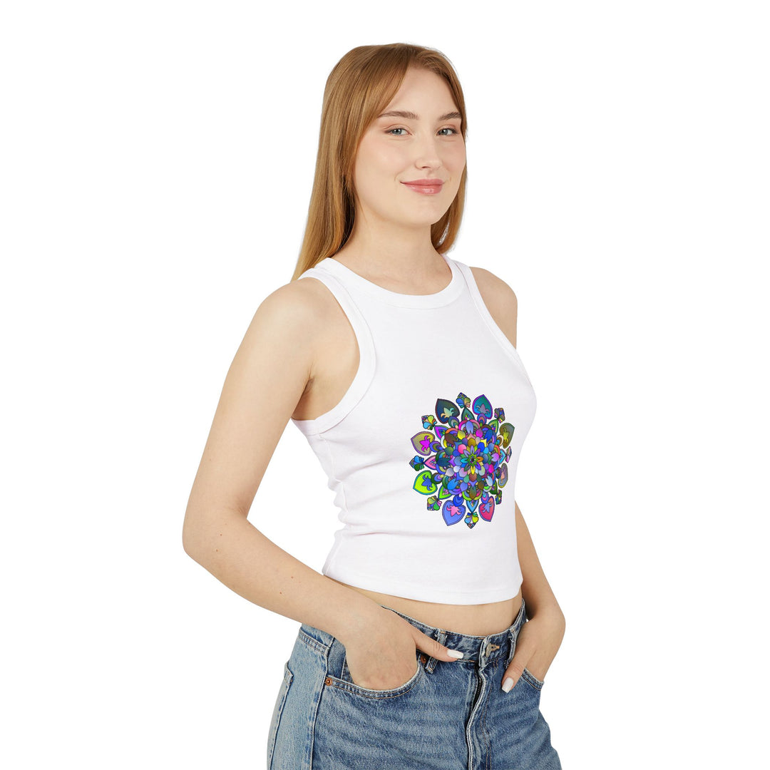 Vibrant Mandala Racerback Tank Top with intricate and colorful design perfect for yoga and casual wear