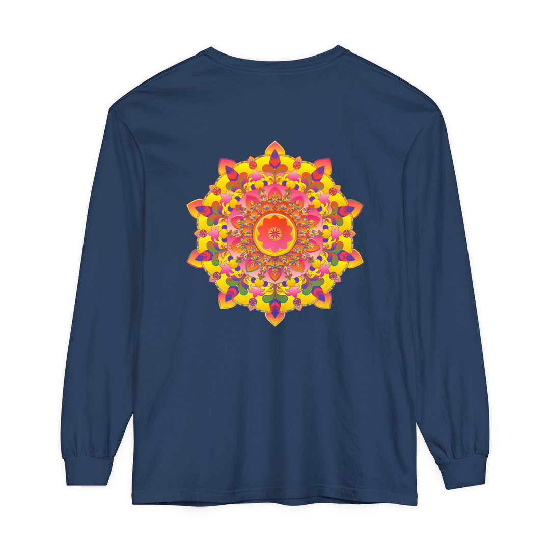 Colorful and intricate mandala design on a unisex long sleeve t-shirt