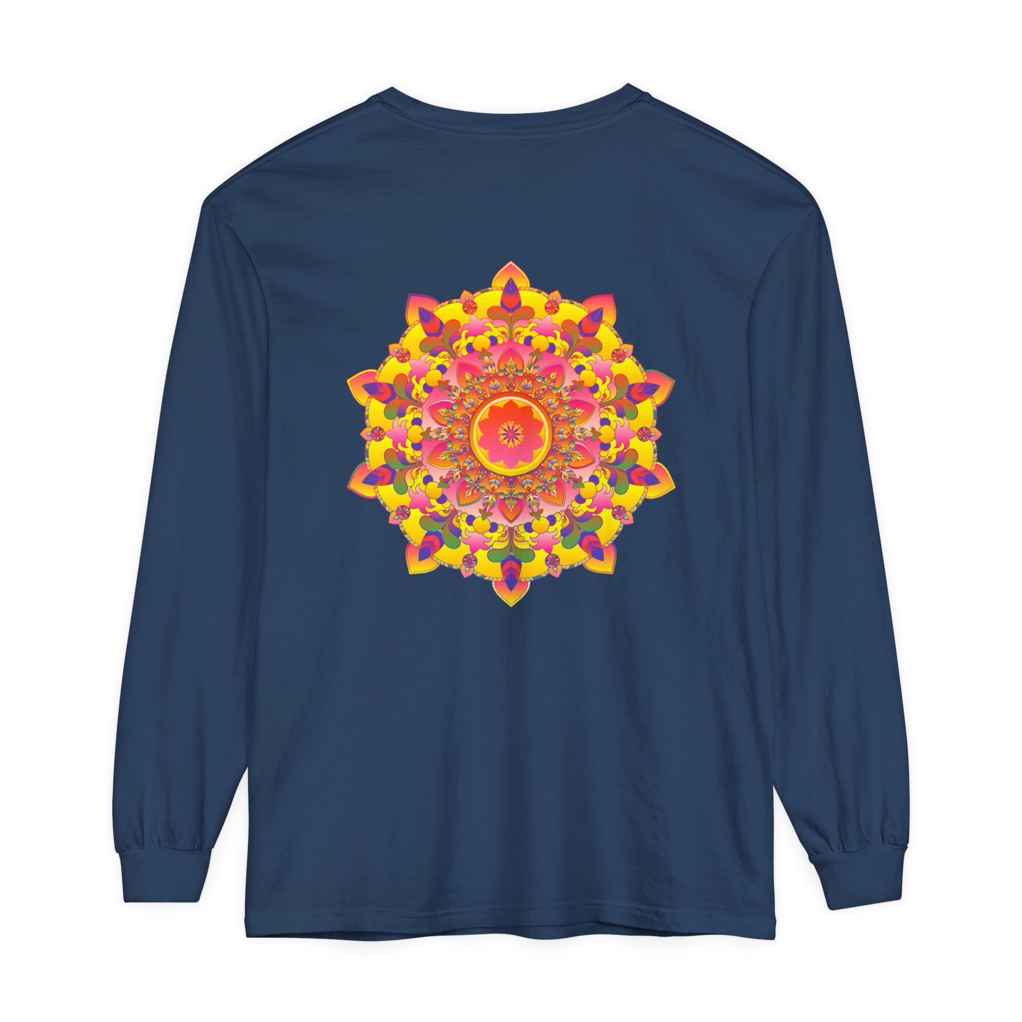 Colorful and intricate mandala design on a unisex long sleeve t-shirt