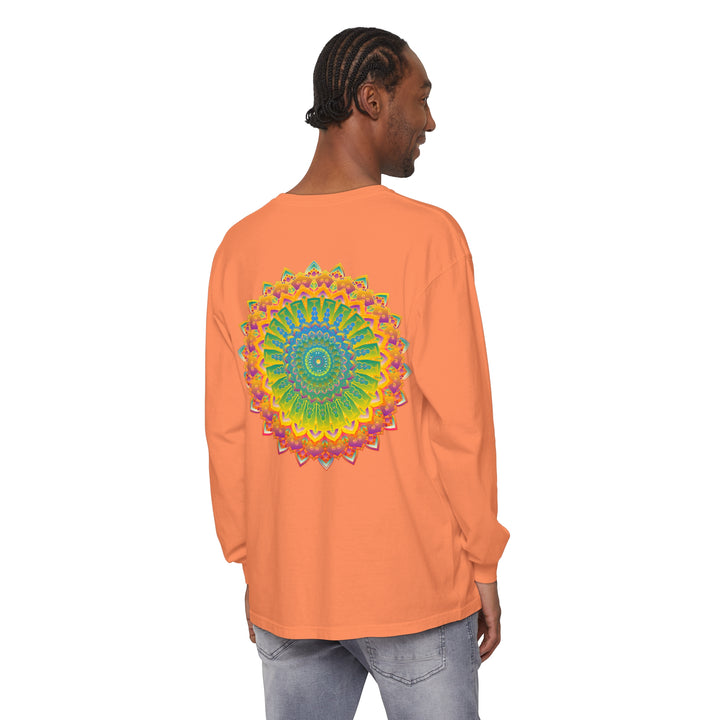 Intricate mandala design in vibrant colors on a unisex long sleeve t-shirt