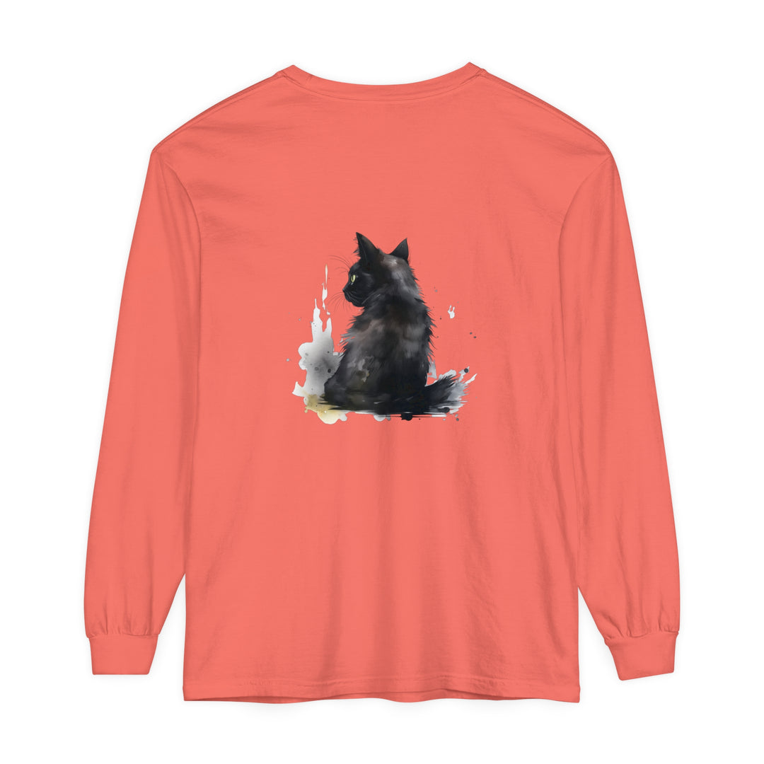 Black Cat Watercolor Dream Long Sleeve T-Shirt featuring a beautiful watercolor painting of a black cat on a vibrant, high-quality long sleeve t-shirt