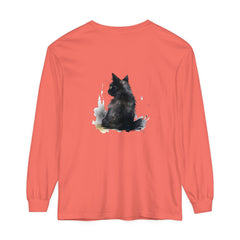 Black Cat Watercolor Dream Long Sleeve T-Shirt featuring a beautiful watercolor painting of a black cat on a vibrant, high-quality long sleeve t-shirt