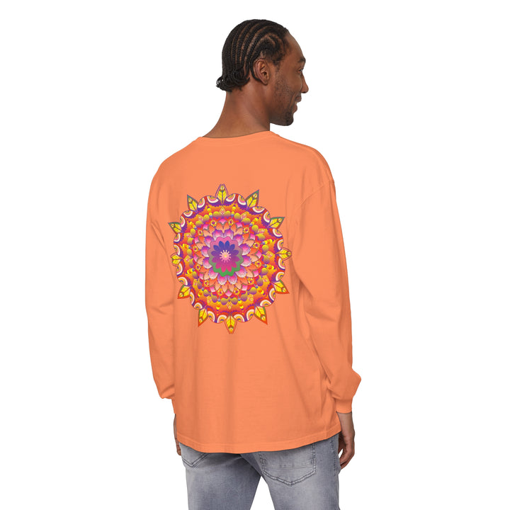 Colorful and intricate mandala design on a unisex long sleeve t-shirt