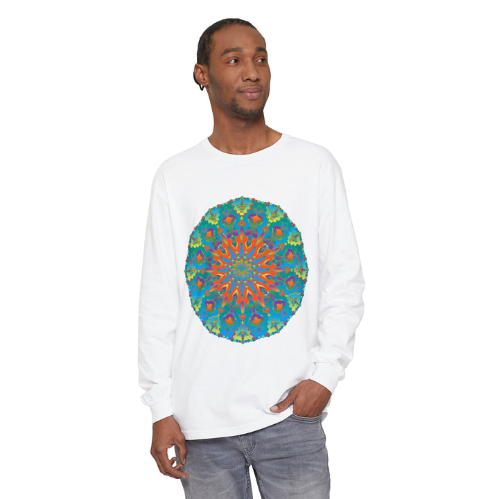 Colorful and intricate rainbow mandala pattern on a long sleeve t-shirt