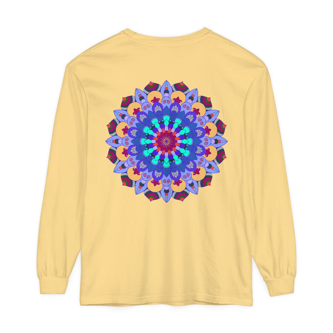 Colorful and intricate mandala design printed on a long sleeve t-shirt