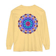 Colorful and intricate mandala design printed on a long sleeve t-shirt