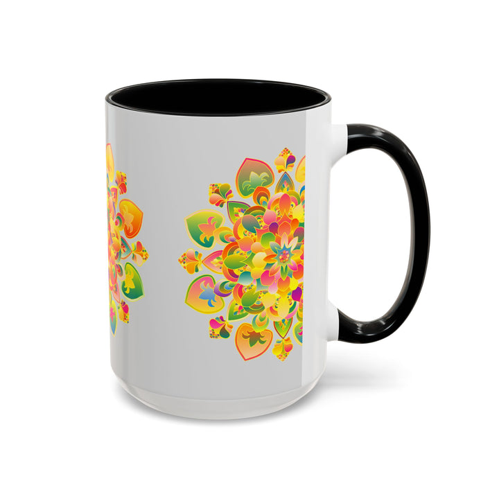 Beautiful mandala art mug featuring a colorful floral design perfect for morning coffee or tea