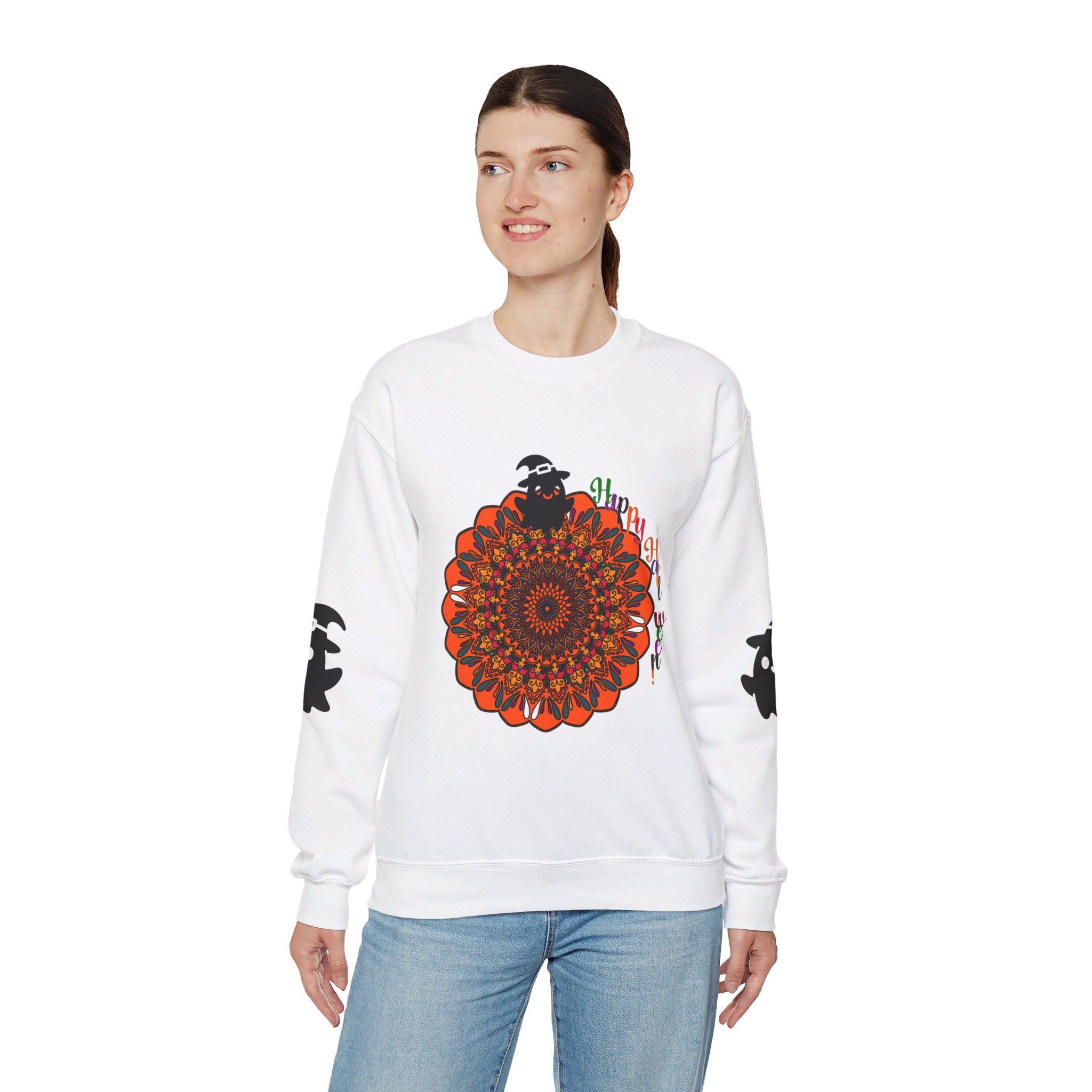 Unisex Heavy Blend™ Crewneck Sweatshirt with cute ghost print perfect for Halloween