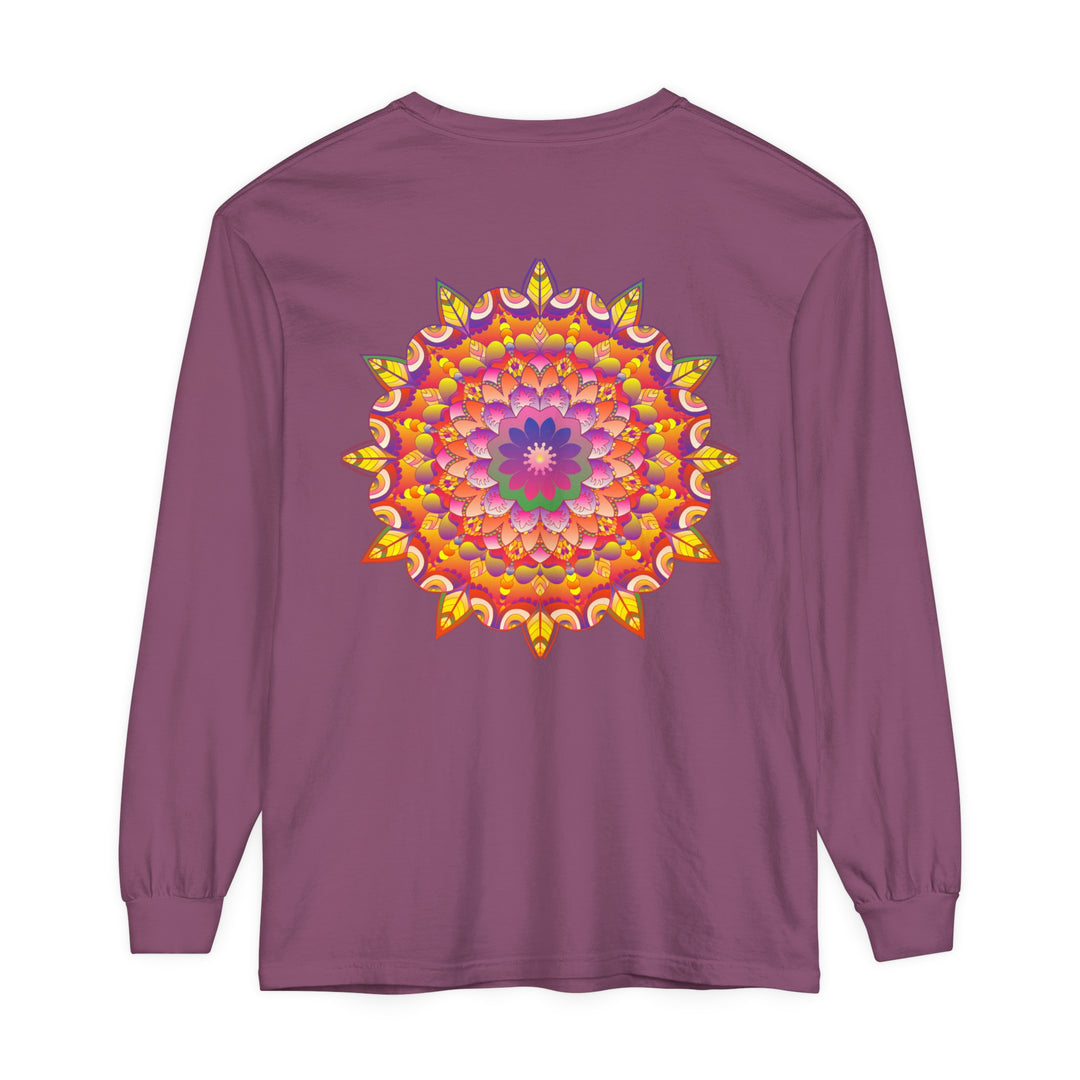 Colorful and intricate mandala design printed on a unisex long sleeve t-shirt