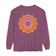 Colorful and intricate mandala design printed on a unisex long sleeve t-shirt