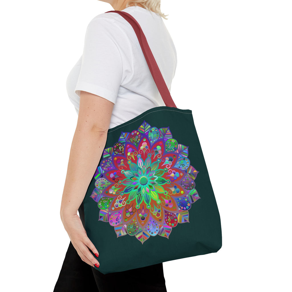 Dark green tote bag with colorful mandala pattern, perfect for adding a pop of color to your outfit