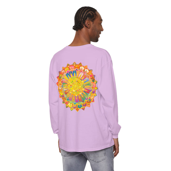 A detailed and colorful mandala design on a unisex long sleeve t-shirt