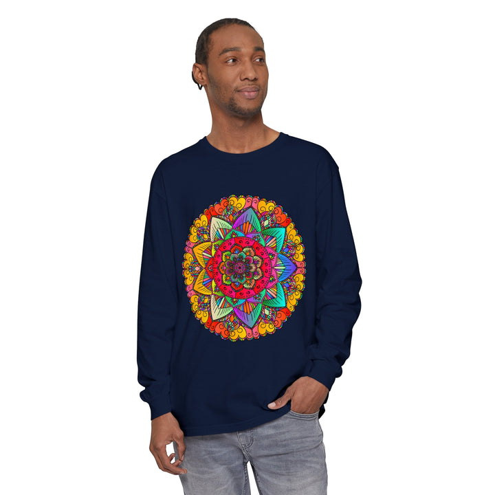 A colorful and intricate mandala design on a unisex long sleeve t-shirt