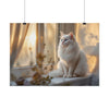 White cat sitting on a windowsill with a warm, soft light effect.