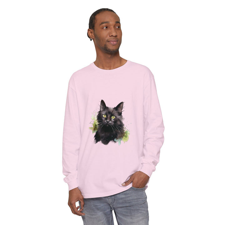 Black Cat Watercolor Splash Long Sleeve T-Shirt with vibrant and detailed feline design