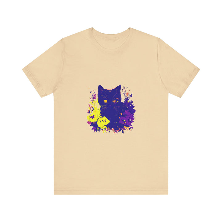 Black Cat Mystery Neon Flower T-Shirt featuring a vibrant floral design and striking black cat graphic on a high-quality, comfortable black tee