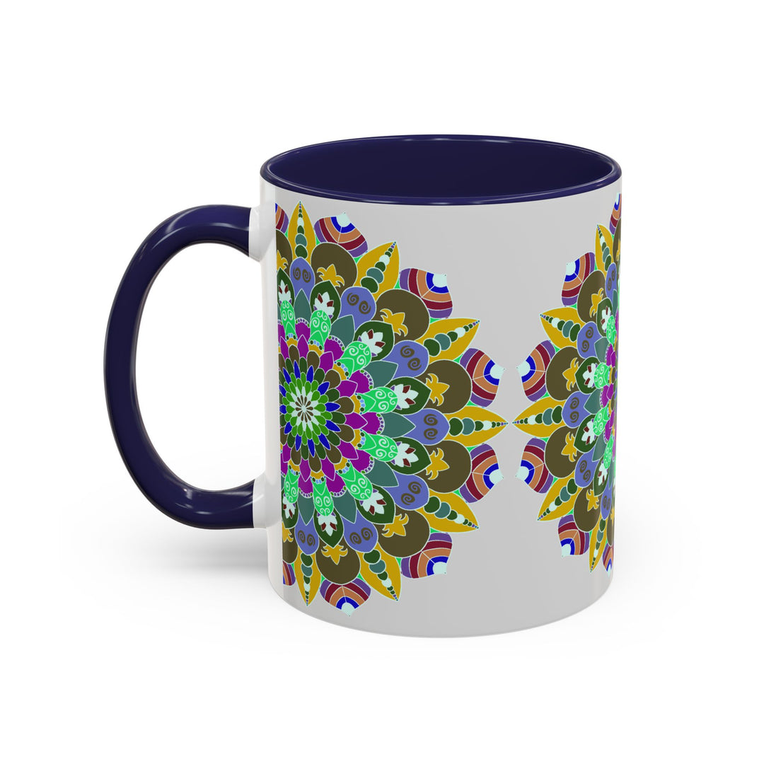 A close-up image of a colorful and serene Mandala Art Mug, featuring intricate and vibrant designs in various shades of blue, green, and yellow, perfect for enjoying a peaceful moment with your favorite beverage