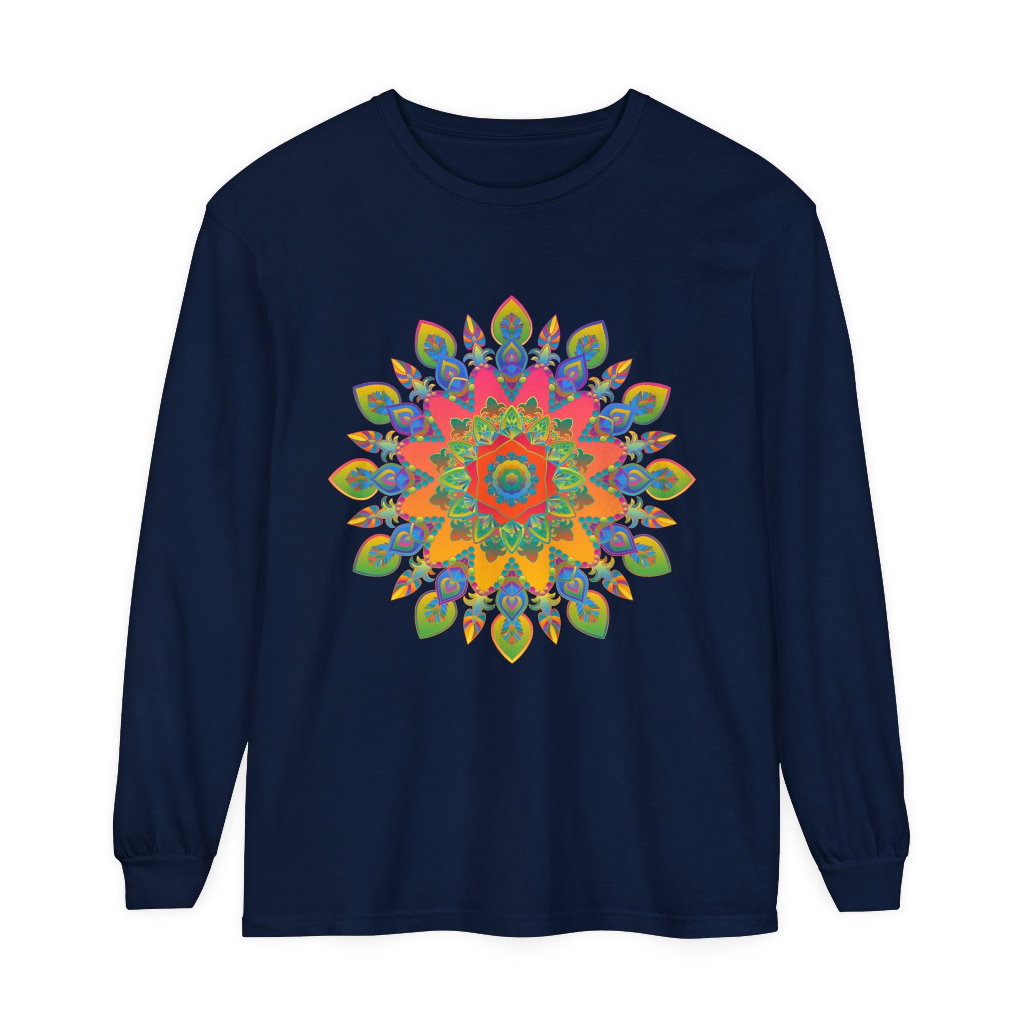 A vibrant mandala patterned unisex long sleeve t-shirt perfect for casual wear