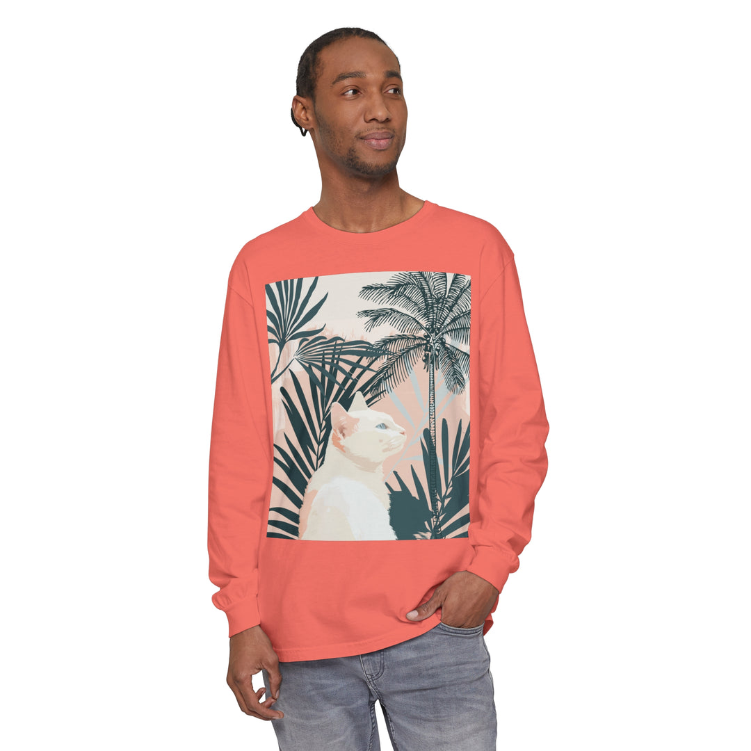 White Cat Tropical Mandala Long Sleeve T-Shirt - vibrant, tropical design with a white cat surrounded by colorful mandala patterns on a long sleeve t-shirt