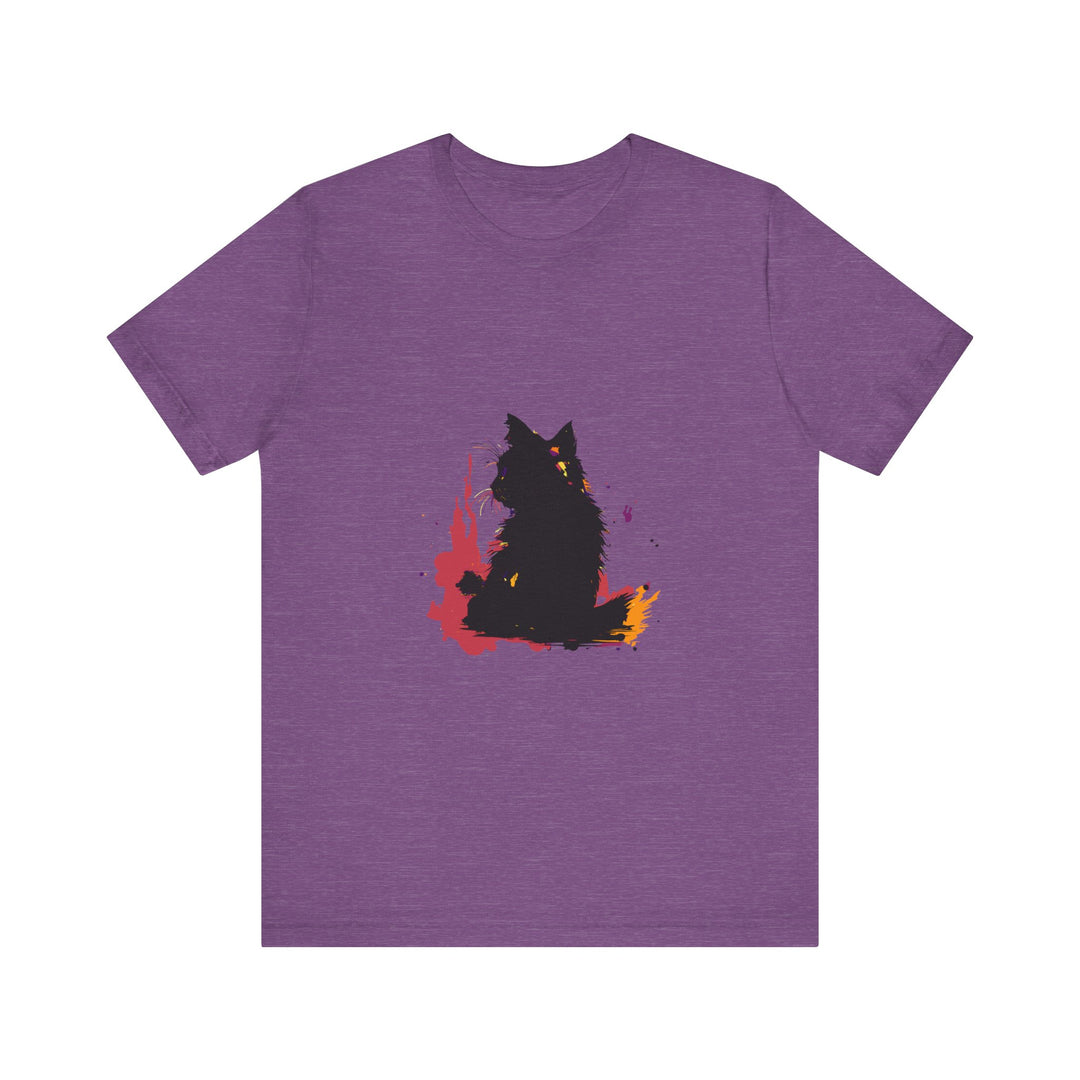 A vibrant and eye-catching black t-shirt featuring a mysterious black cat surrounded by colorful and dynamic splatter art designs