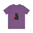 A vibrant and eye-catching black t-shirt featuring a mysterious black cat surrounded by colorful and dynamic splatter art designs
