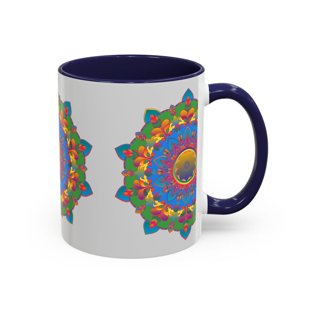 Artistic and colorful mandala flower print on grey tea mug