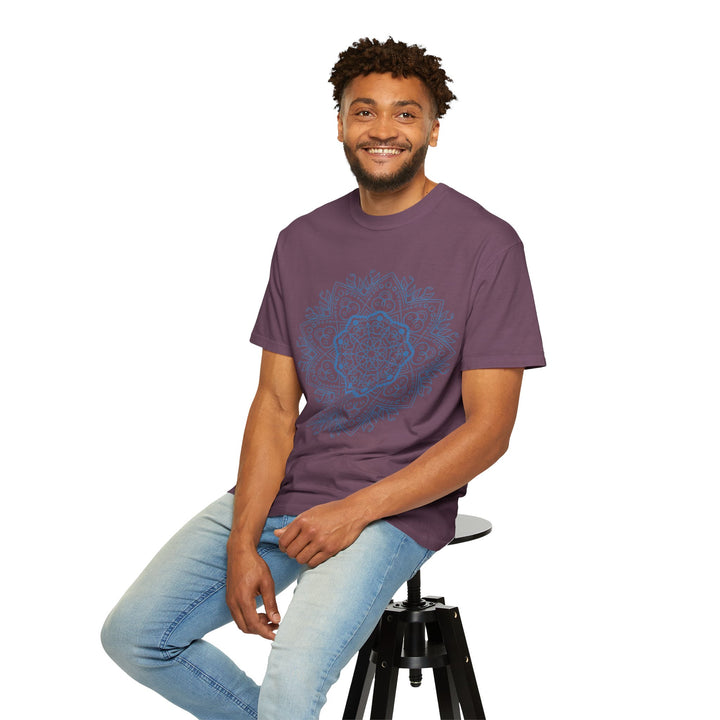 Colorful and intricately designed Handmade Mandala Art Tshirt on a Unisex Garment-Dyed Tee, perfect for casual wear