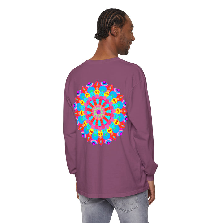 Vibrant and eye-catching long sleeve unisex t-shirt with colorful mandala design