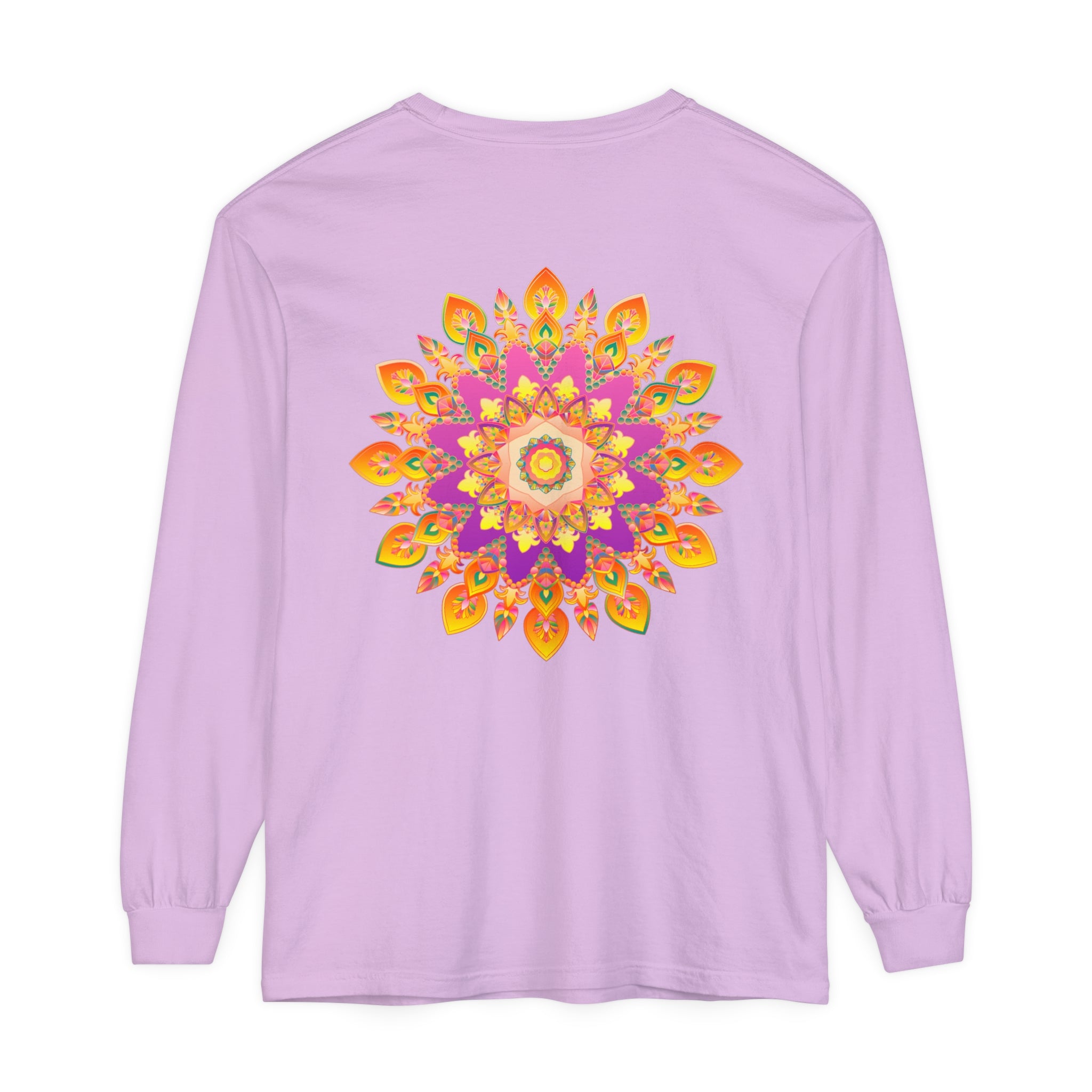 Colorful and intricate mandala design featured on a unisex long sleeve t-shirt