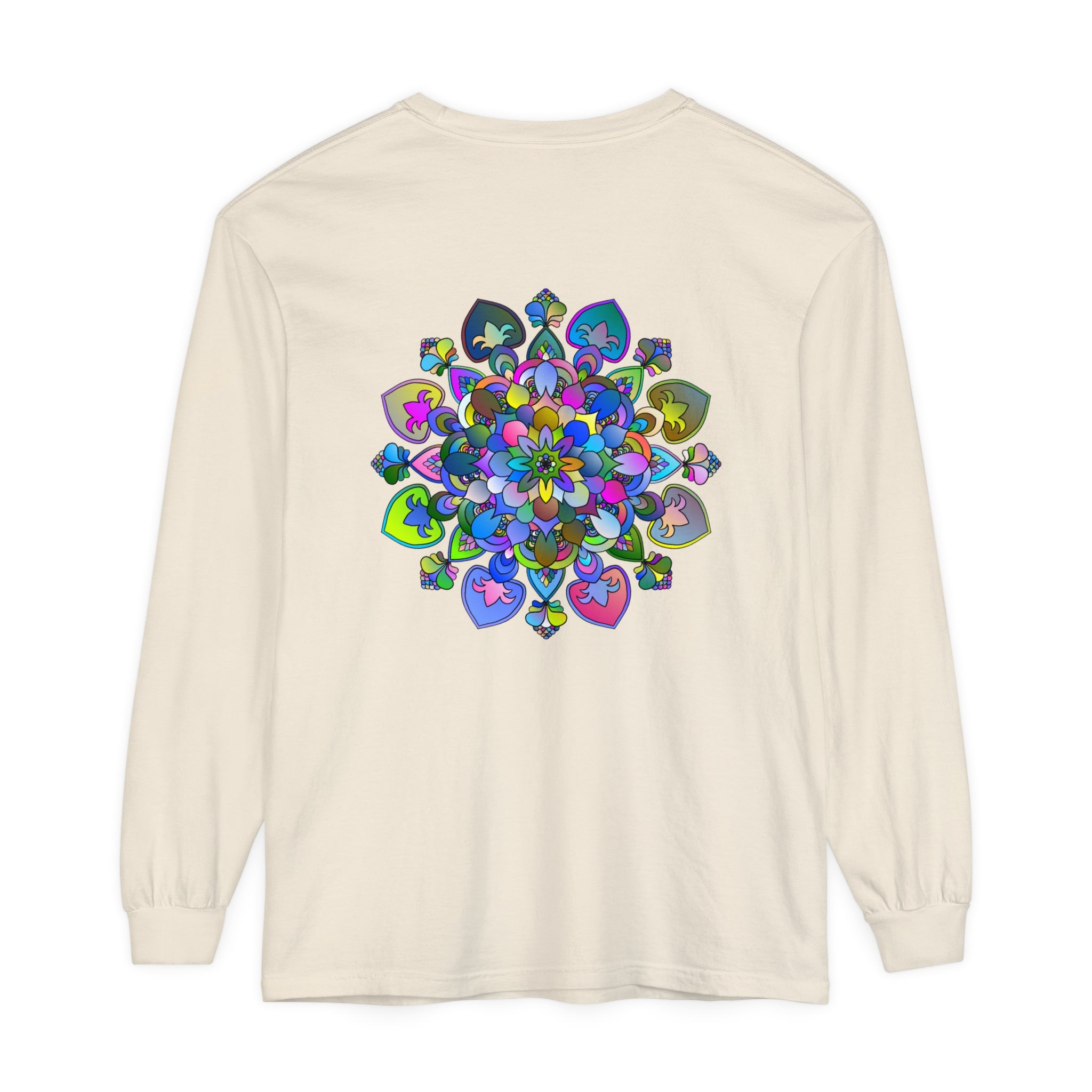 Colorful and intricate mandala design on a long sleeve t-shirt