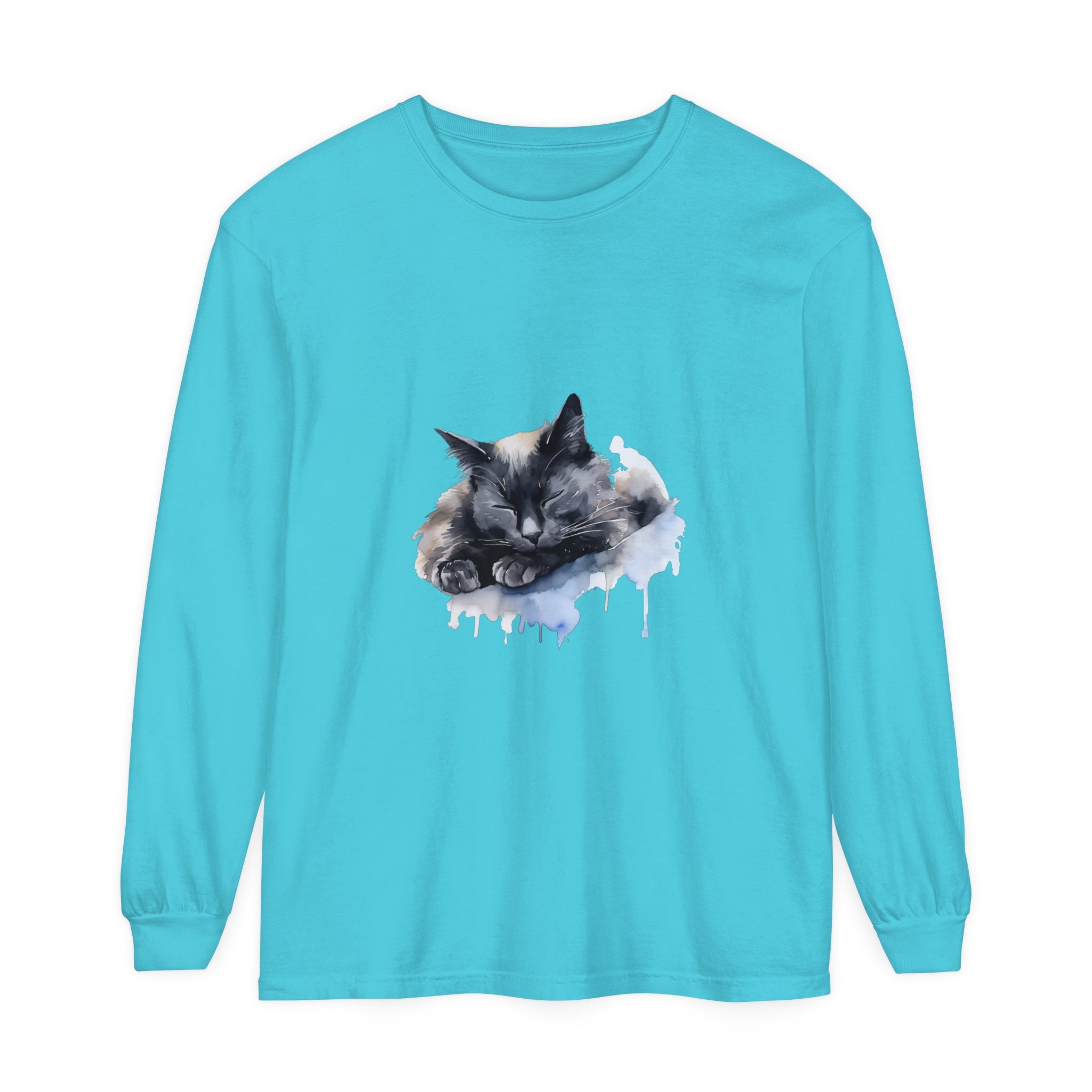 Adorable watercolor illustration of a sleeping cat on a comfortable T-shirt