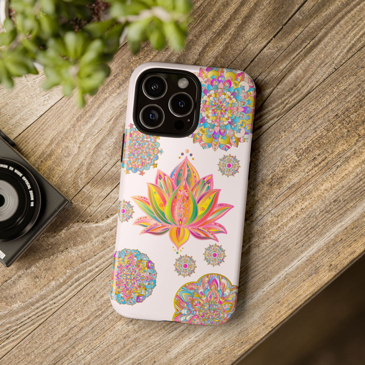 Light pink phone case with intricate mandala design featuring a beautiful lotus flower