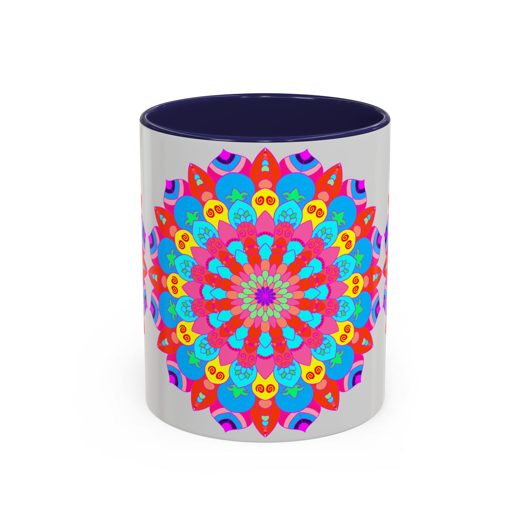 A close-up image of a vibrant mandala mug adorned with intricate patterns, featuring the words Peace & Tranquility, perfect for adding a calming touch to your morning coffee routine