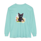 Langarmshirt mit schwarzem Kätzchen und rosa Blumen