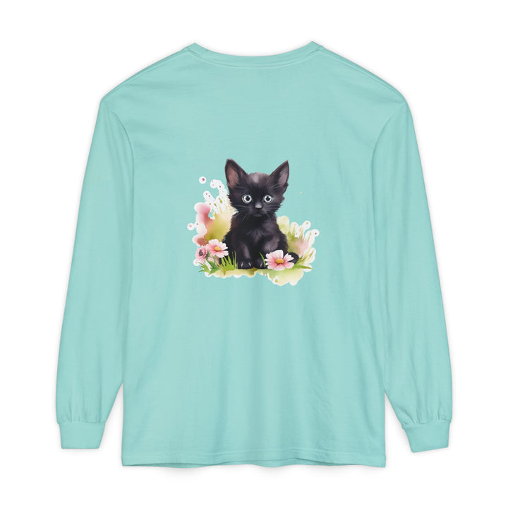 Black Kitten & Pink Flowers Long Sleeve T-Shirt