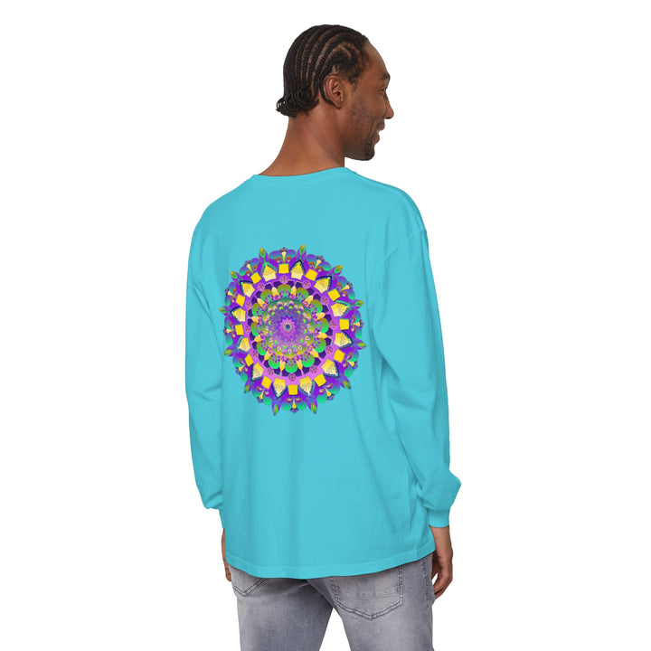 Colorful and detailed mandala design on a unisex long sleeve t-shirt