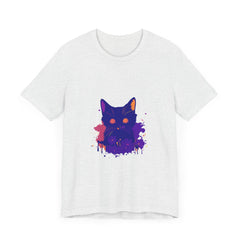 An abstract art t-shirt featuring a mysterious black cat design