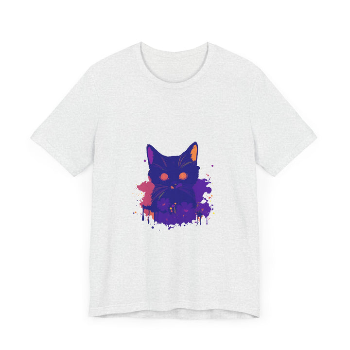 An abstract art t-shirt featuring a mysterious black cat design