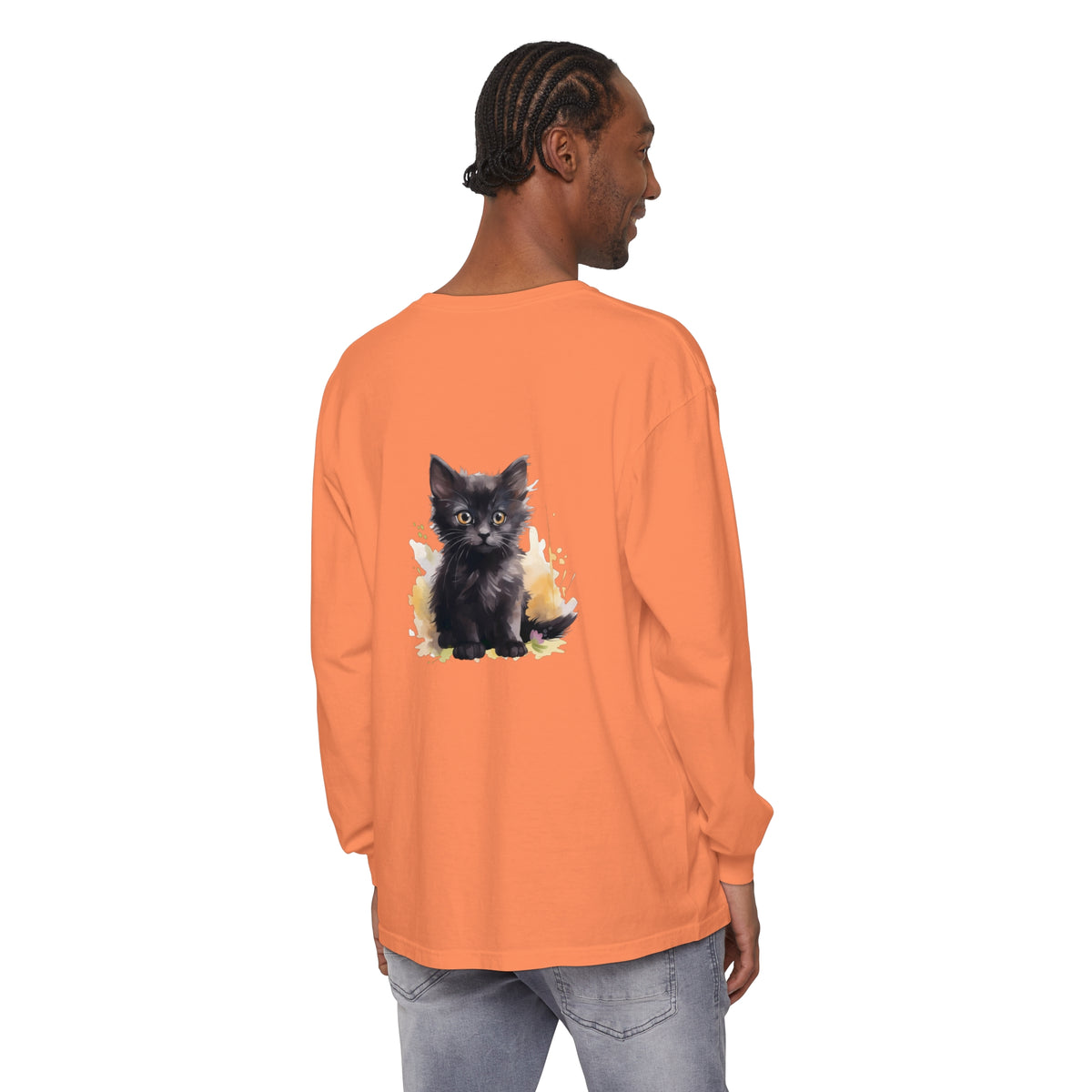 Black Kitten Watercolor Splash T-Shirt with playful kitten design and vibrant watercolor details