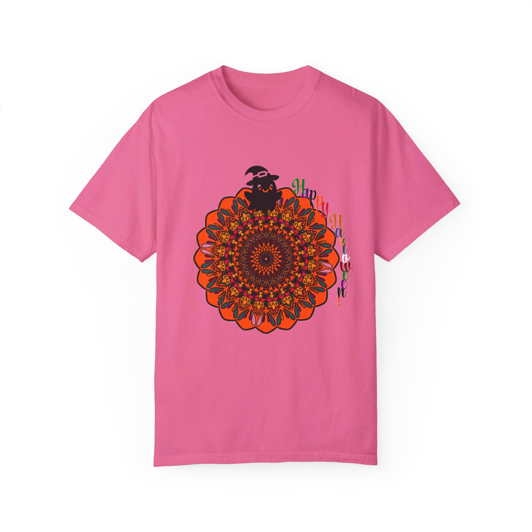 Unisex Halloween Mandala T-shirt featuring a handmade pumpkin mandala art on a garment-dyed tee