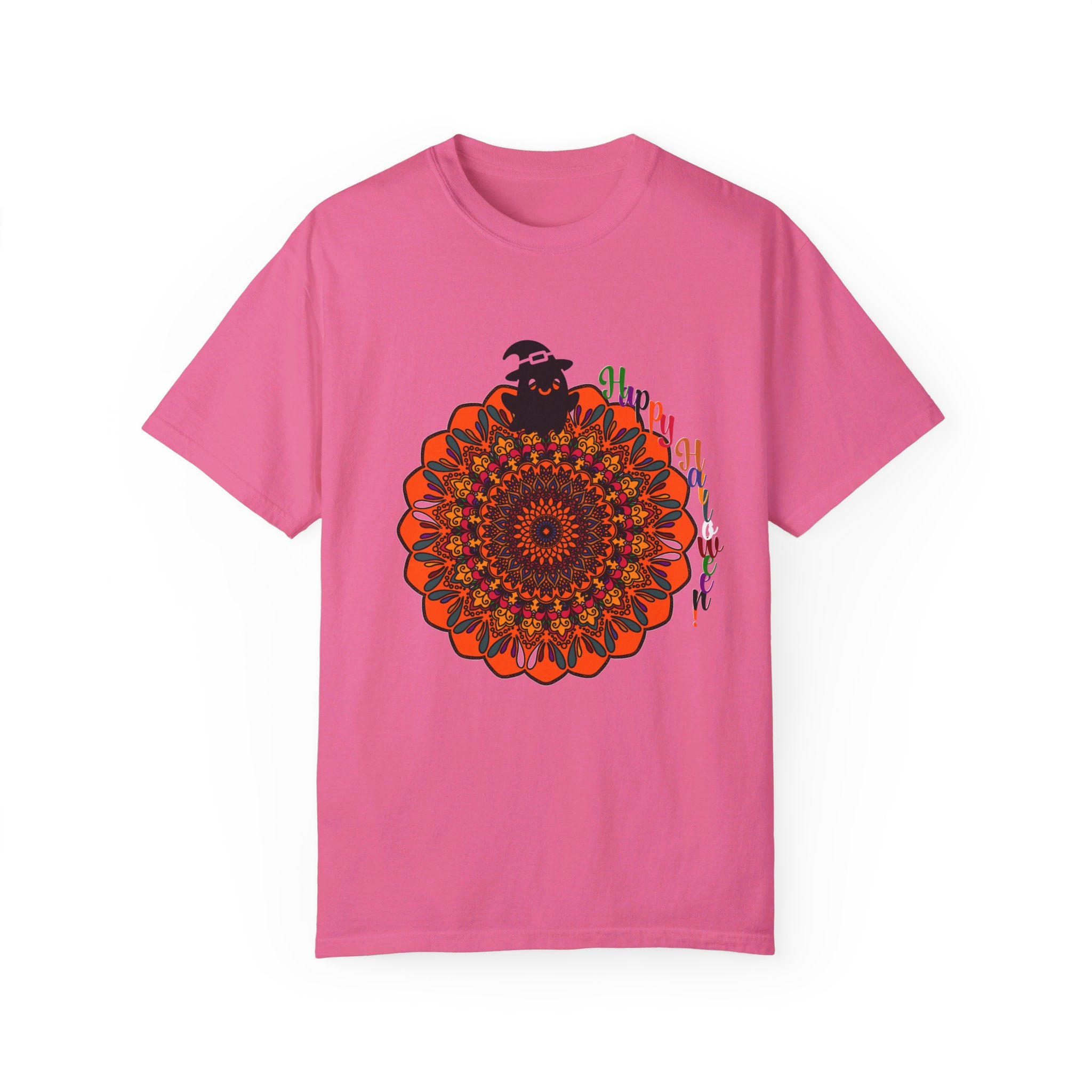 Unisex Halloween Mandala T-shirt featuring a handmade pumpkin mandala art on a garment-dyed tee