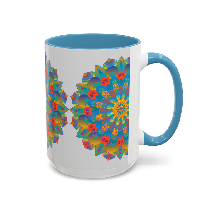 A vibrant yellow, orange, and blue mandala art mug, perfect for sipping your favorite hot beverages in style